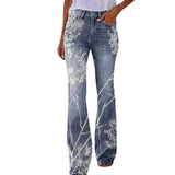 Elegant Women Floral Printed Jeans Plus Size S-5XL Female Straight High Waist Wide Leg Pants Slim Fit Casual Trendy Flare Pants