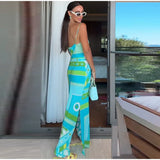 Chic Print Sling Long Dress Women Sleevless Backless Side Split Party Dresses 2025 Summer Street Beach Lady Ankle-length Robes