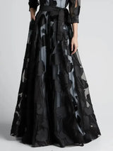 Elegant Three-Quarter Sleeve Knotted Waist Jacquard Mesh Maxi Dress for Women No Lining Transparent Club Party Long Dress