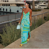 Chic Print Sling Long Dress Women Sleevless Backless Side Split Party Dresses 2025 Summer Street Beach Lady Ankle-length Robes
