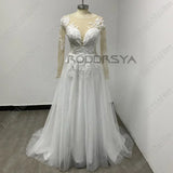 RODDRSYA Customized Wedding Dress Women Long Sleeves Illusion Back Scoop Bride Gown Applique A-Line Tulle Boho vestidos de novia
