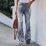 Elegant Women Floral Printed Jeans Plus Size S-5XL Female Straight High Waist Wide Leg Pants Slim Fit Casual Trendy Flare Pants