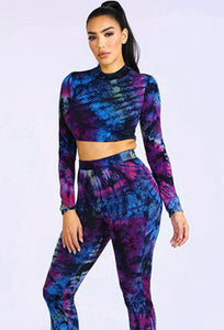 Victoria Vivacious Polyester/Spandex Blend Two Piece Long Sleeve Crop Top Flare Pants Jumpsuit Set (Purple Multi)