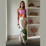 Retro Printed Strapless Long Dress Fashion Women's Sleeveless Off Shoulder Pleated Vestidos 2025 Summer Lady Beach Party Robes