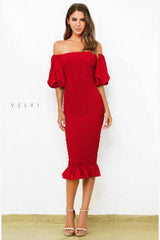 The Skyla Shirred Puff Lantern Sleeve Midi Dress (Red) - treasures-4-u-2-day