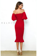 The Skyla Shirred Puff Lantern Sleeve Midi Dress (Red) - treasures-4-u-2-day