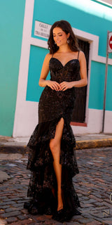 Nox Anabel T1337 Long Tiered Skirt Fitted Sequin Applique Mermaid Gown