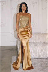 Amoris T609 Strapless Fitted Satin Gown Sequin Bodice Side Slit