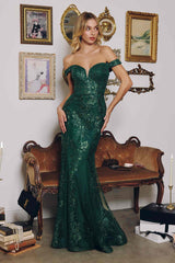 Amoris T613 Fitted Off the Shoulder Sequin Lace Sweep Train Gown