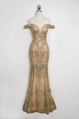 Amoris T613 Fitted Off the Shoulder Sequin Lace Sweep Train Gown