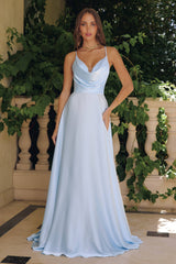 Amoris T714 Spaghetti Strap Draped Cowl Neck A-Line Dress