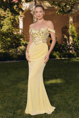 Amoris T721 Off the Shoulder Chiffon Fitted Mermaid Gown