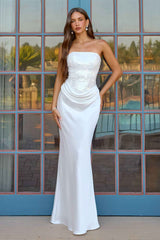 Amoris T744W Strapless Sequin Bodice Satin Skirt Off White Formal Dress