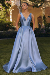 Amoris T814 Long V-Neckline A-Line Satin Dress with Pockets