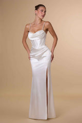Amoris T815W Fitted Sultry Stretch Satin Bustier Bodice Off White Dress