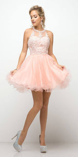 Ladivine UJ0119 Short Appliqued Bodice Halter Tulle Skirt Dress