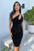 Venice Black One Shoulder Allover Sequin Midi Dress (Black)