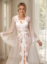 Pearl Beaded Lace Hem Long Robe with Satin Nightgown