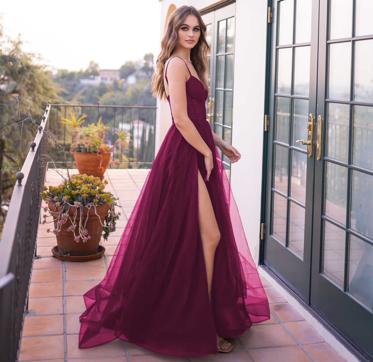 The Yasmin A-line Tulle Skirt Slit Detail Gown (Mulberry)