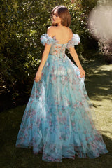 Blue Floral Printed Ball Gown - treasures-4-u-2-day