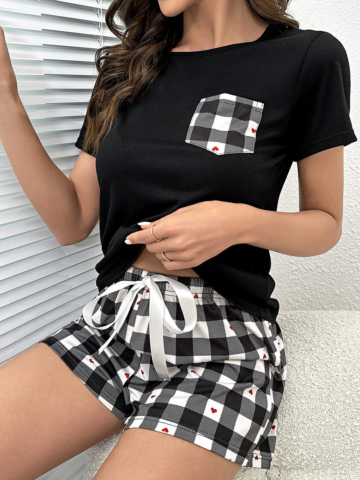 Our Best Polyester Blend Plaid Heart Top and Drawstring Shorts Two Piece Lounge Set (Black)