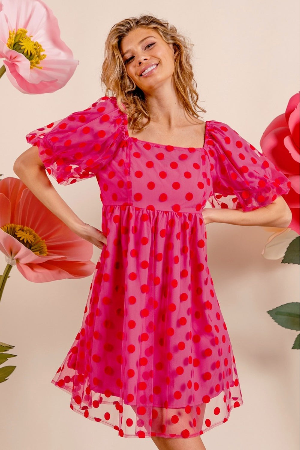 Our Best 100% Polyester Solid Color BiBi Polka Dot Mesh Puff Sleeve Mini Dress (Fuchsia)