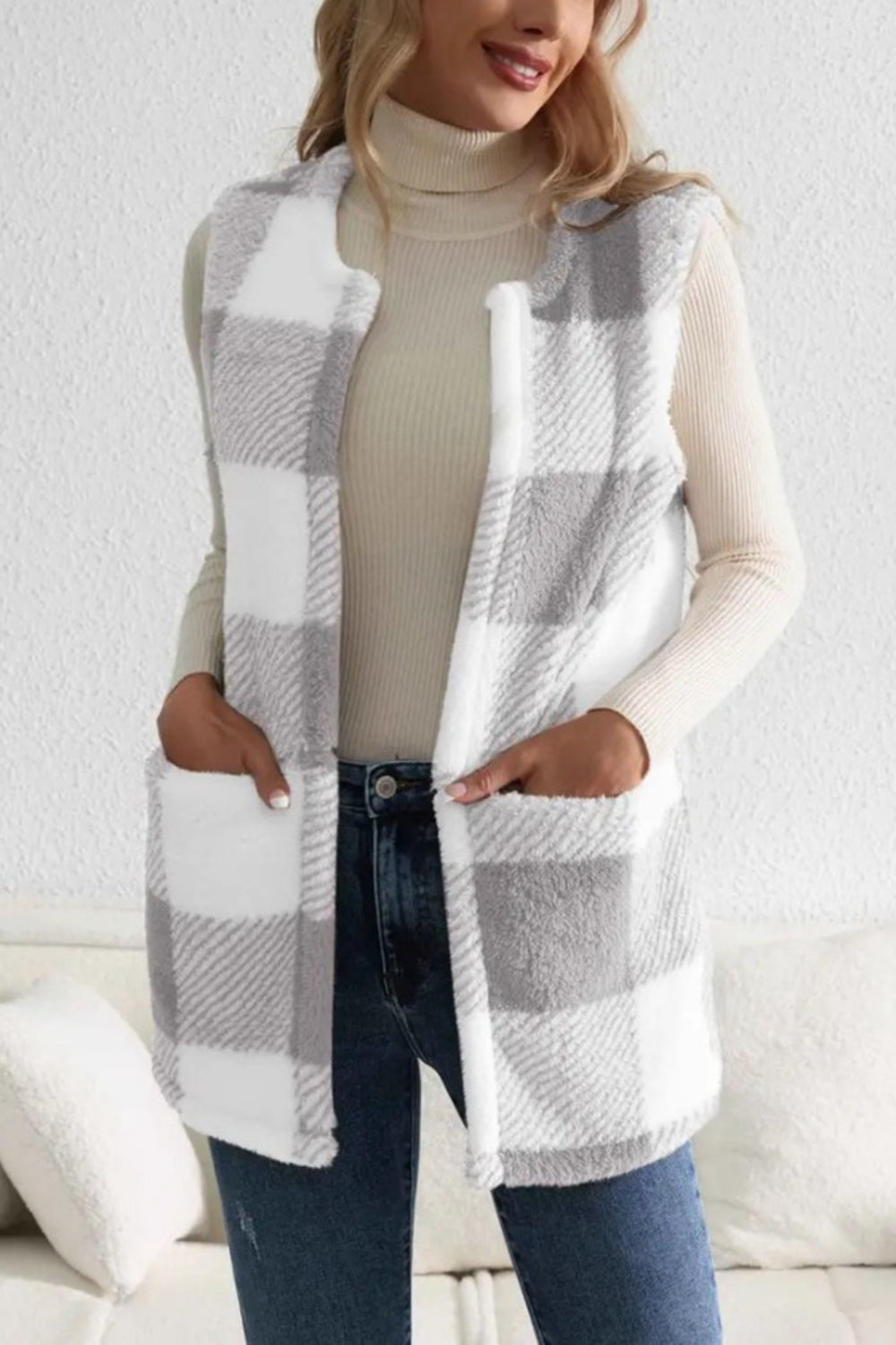 Our Best 100% Polyester Cool-n-Comfy Deluxe Sherpa Plaid Pattern Open Front Vest Coat (Multicolor)