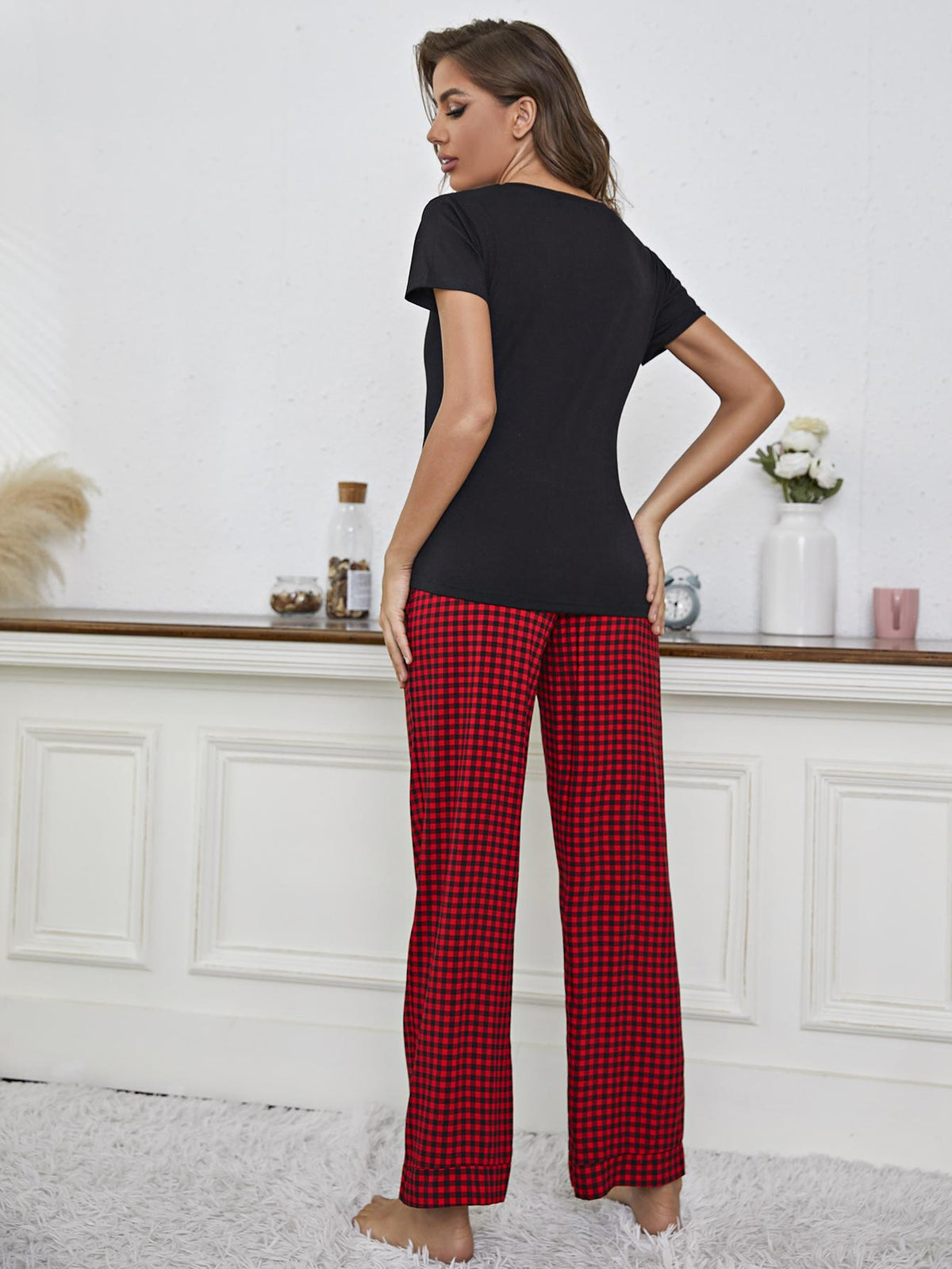 Our Best Rayon Blend Comfy-n-Cozy V-Neck Top and Gingham Pants Two Piece Lounge Set (Black/Red