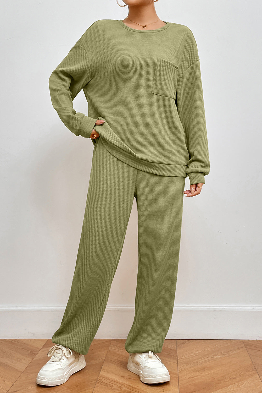 Our Best Polyester Blend Long Sleeve Top and Pocket Detail Jogger Pants Two Piece Lounge Set (Matcha Green)