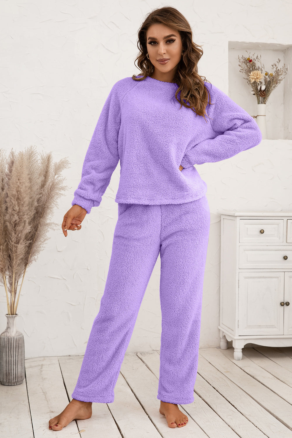 Ivy Lane 100% Polyester Long Raglan Sleeve Top and Pants Two Piece Lounge Set (Multicolor)