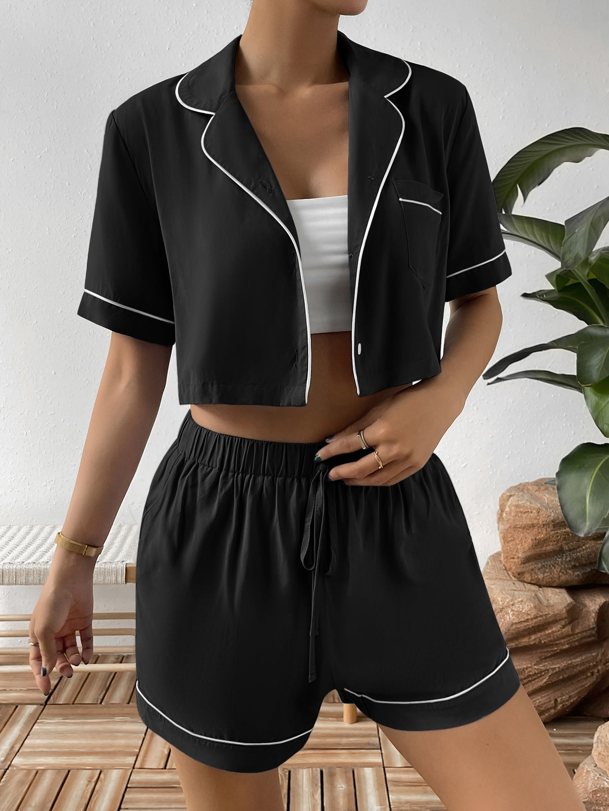 Ivy Lane Piping Detail and Pocket Lapel Collar Crop Top and Shorts Two Piece Lounge Set (Multicolor)