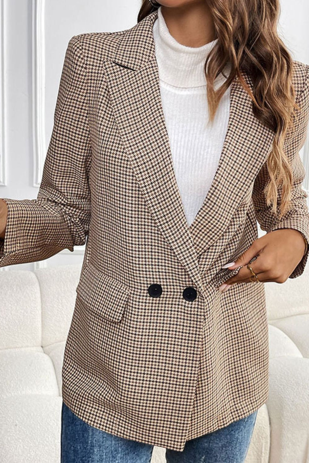 Perfee 100% Polyester Deluxe Plaid Lapel Collar Button Detail Long Sleeve Blazer (Camel)