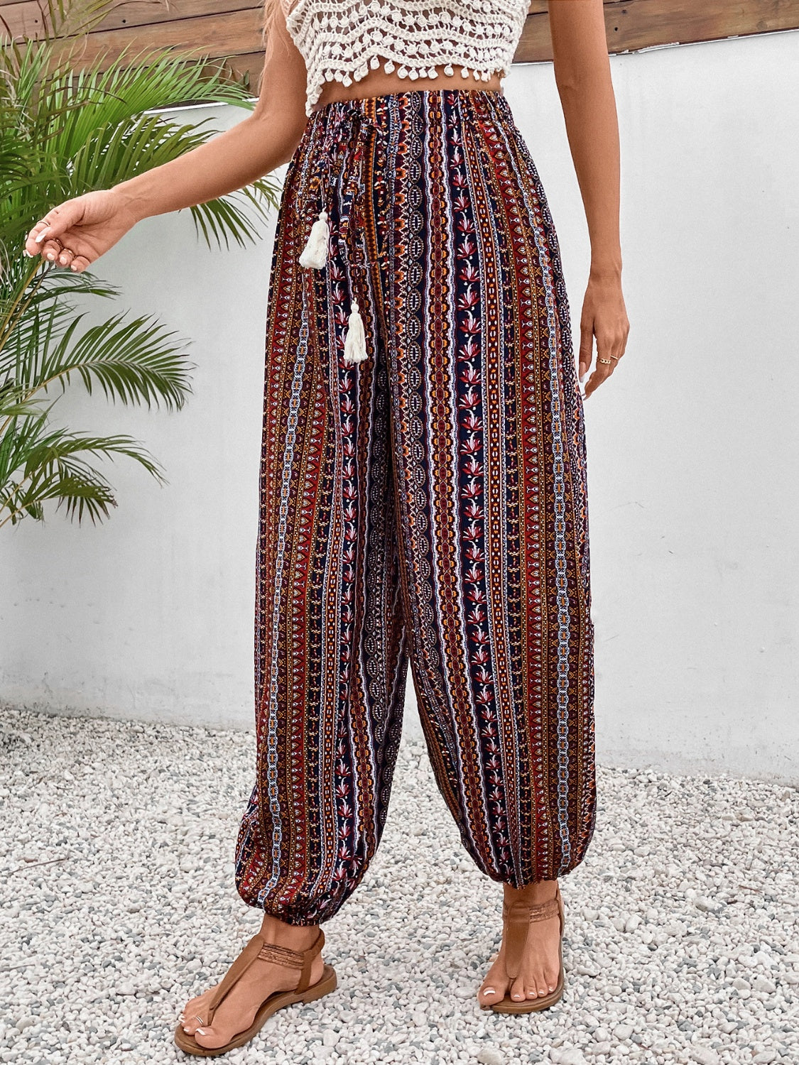 Our Best 100% Polyester Exotic Color Print Sash Tie Waist Tassel Detail High Waist Pants (Brown)