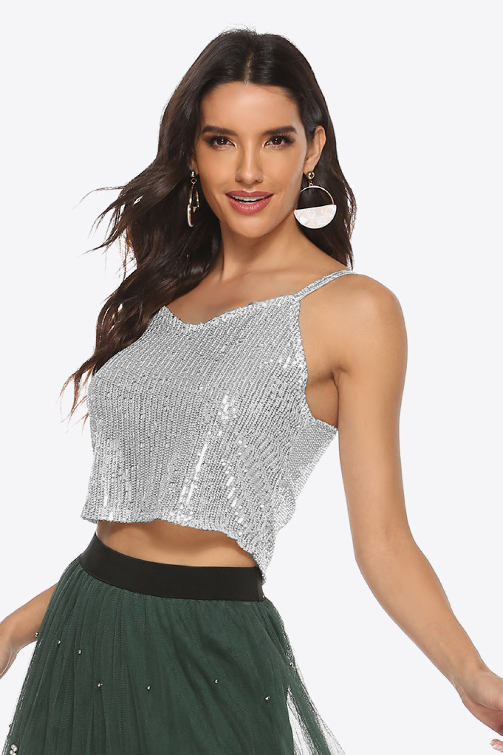 Starla Stunning Polyester/Spandex Blend Sequin Bespangled Cropped Cami Top (Gold or Silver)