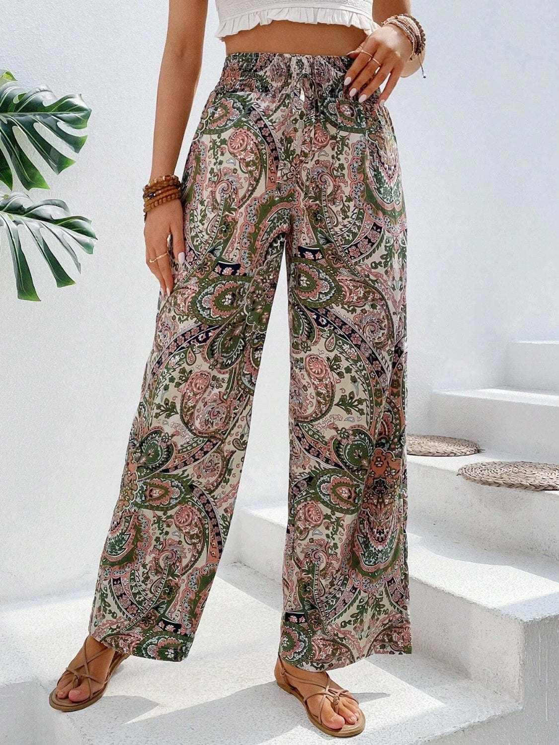 Our Best 100% Polyester Paisley Print Drawstring Waist Wide Leg Palazzo Pants (Multicolor)