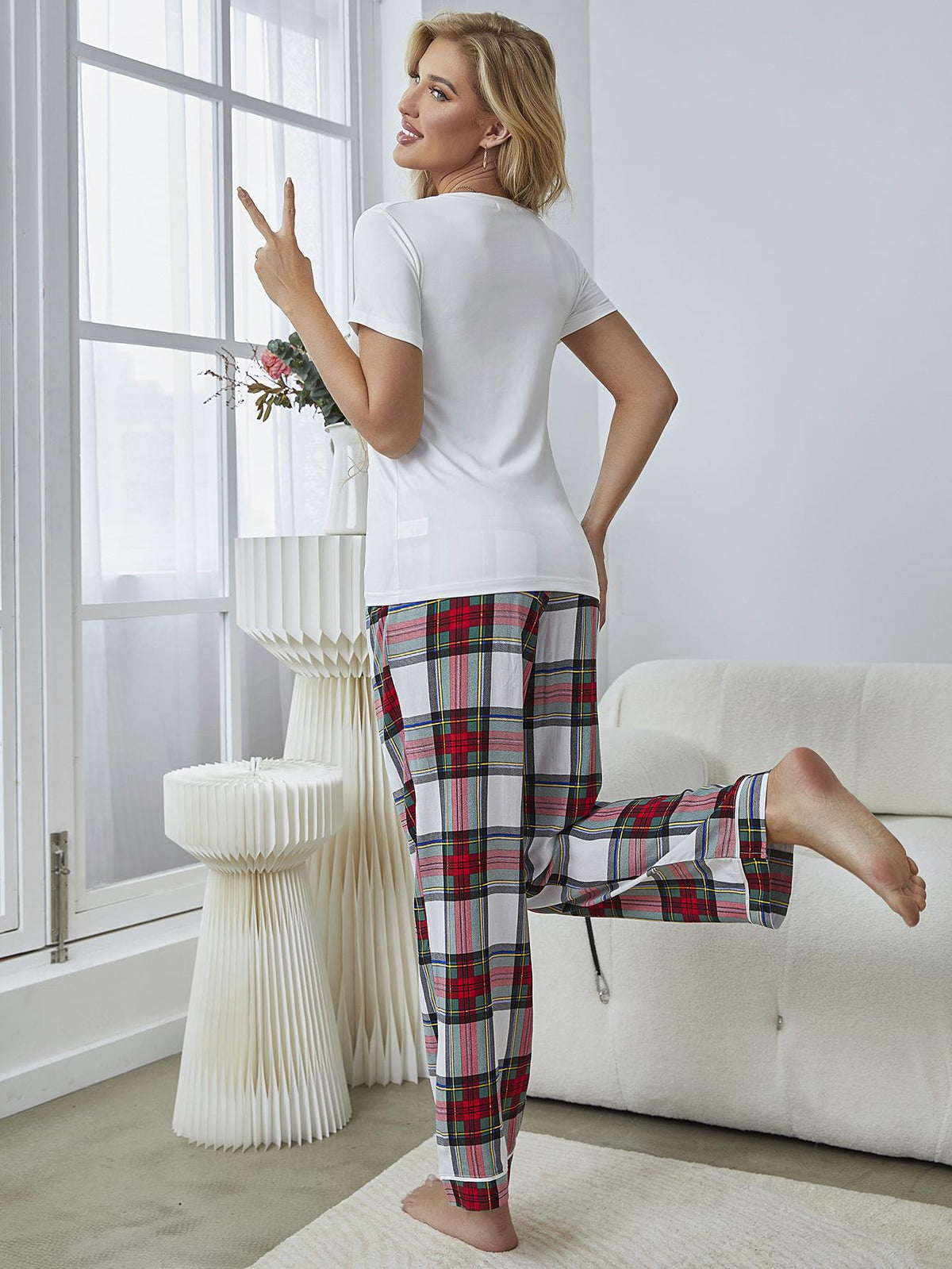 Our Best Polyester/Viscose Blend V-Neck Short Sleeve Tee and Plaid Pants Two Piece Lounge Set (Plaid)