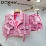 Retro Pink Large Pocket Denim Suit Spring Summer Sleeveless Short Vest High Waist Hip Wrapped Skirt 2 Pieces Sets Women Outfits - treasures-4-u-2-day