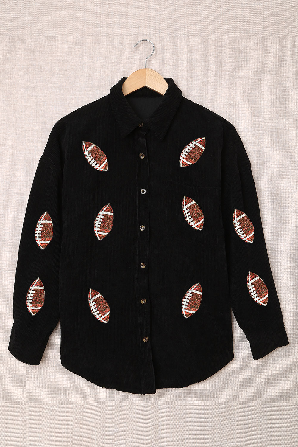 Our Best 100% Polyester Cool-n-Comfy Fashion Plus Sequin Football Button Up Long Sleeve Jacket (Black)