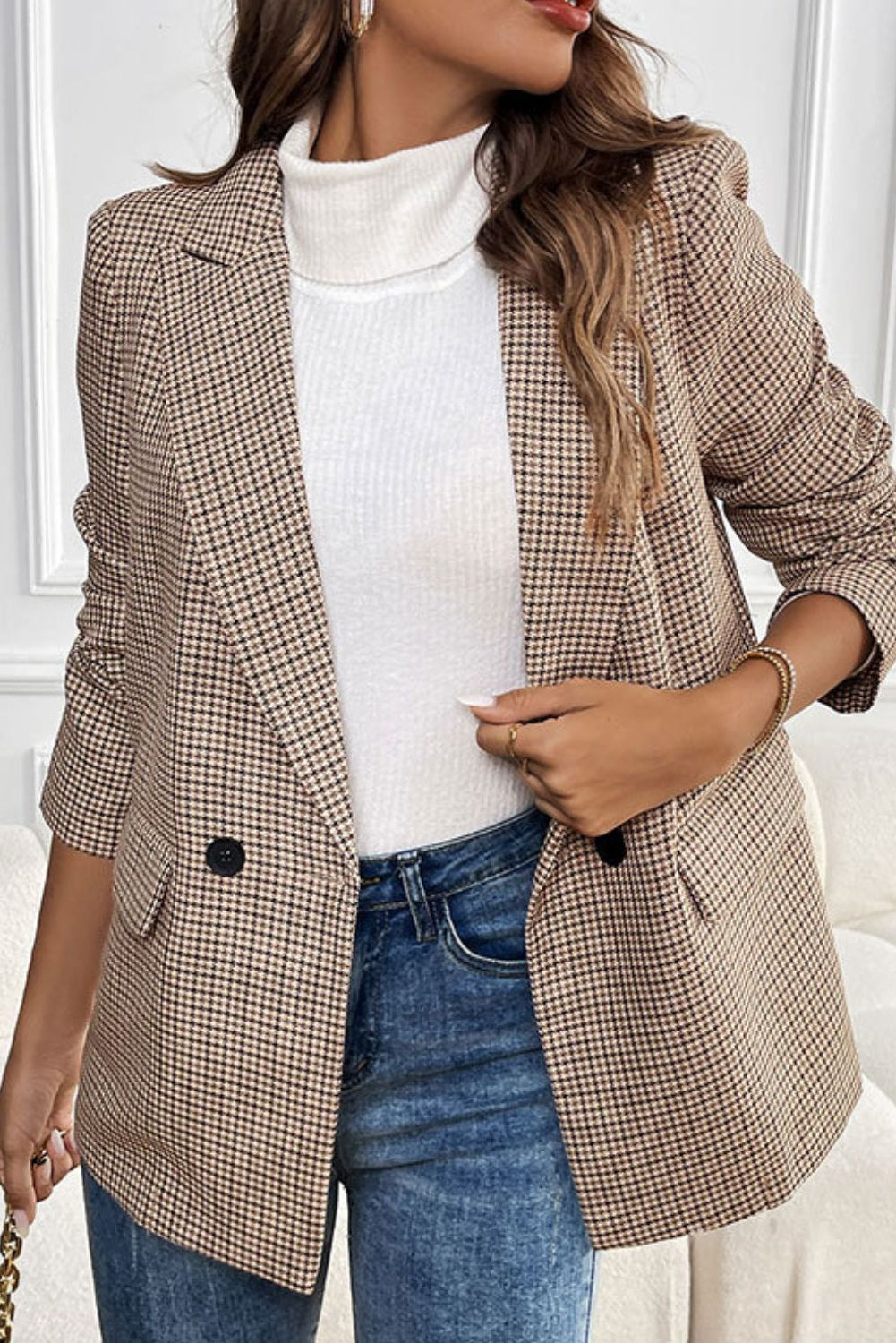 Perfee 100% Polyester Deluxe Plaid Lapel Collar Button Detail Long Sleeve Blazer (Camel)