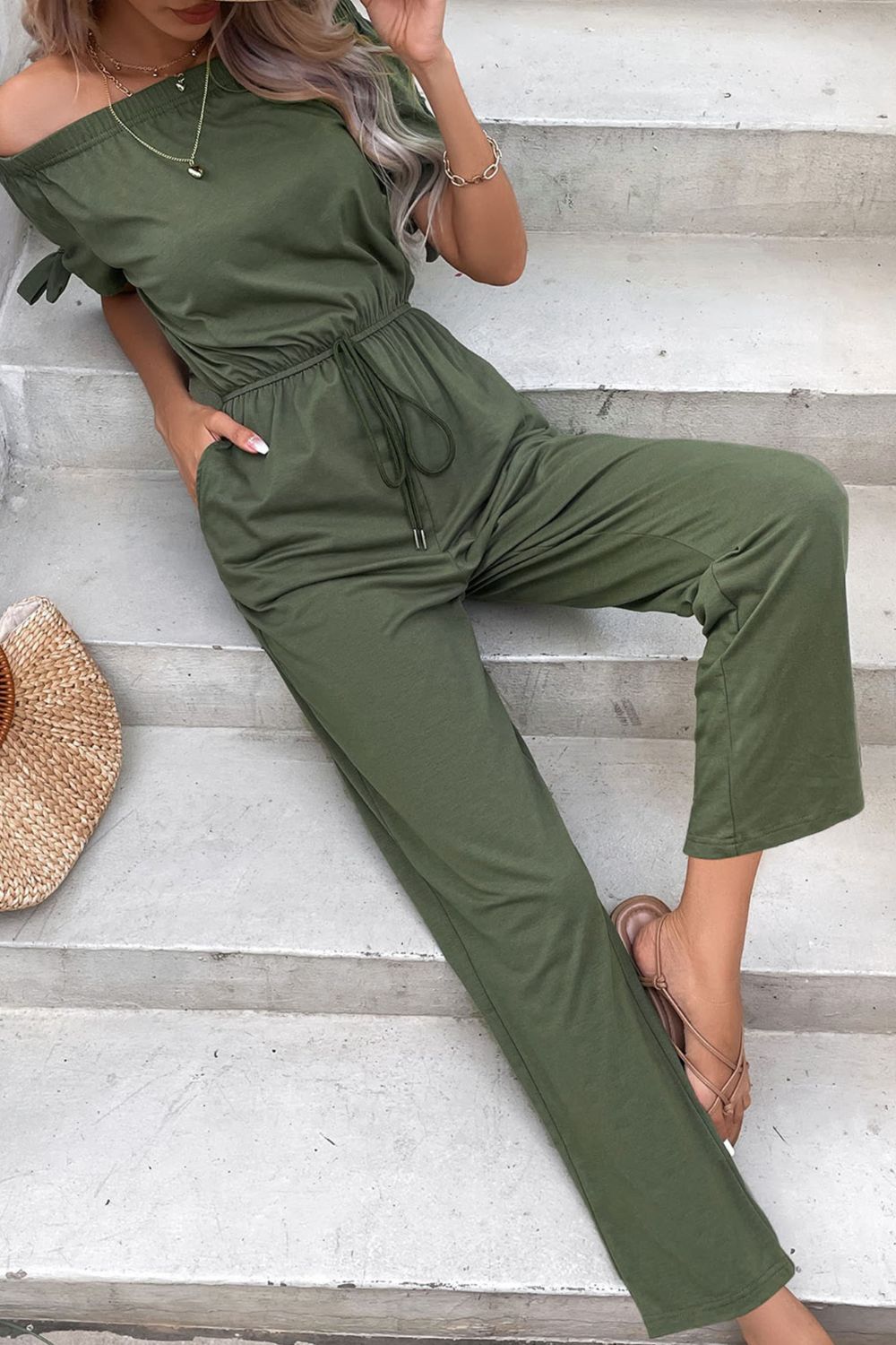 Perfee Off-Shoulder Tie Cuff Jumpsuit with Pockets