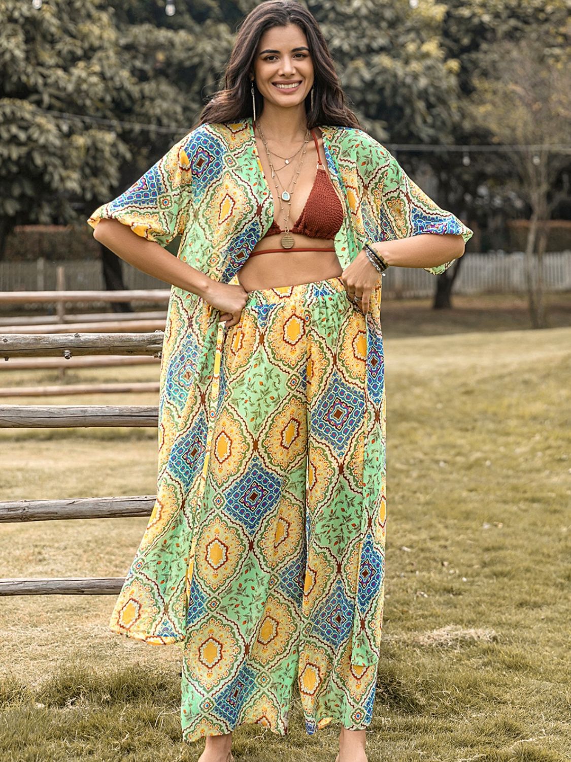 Our Best 100% Polyester Fashion Plus Floral Fantasy Half Sleeve Top and Wide Palazzo Pants Set (Gum Leaf)