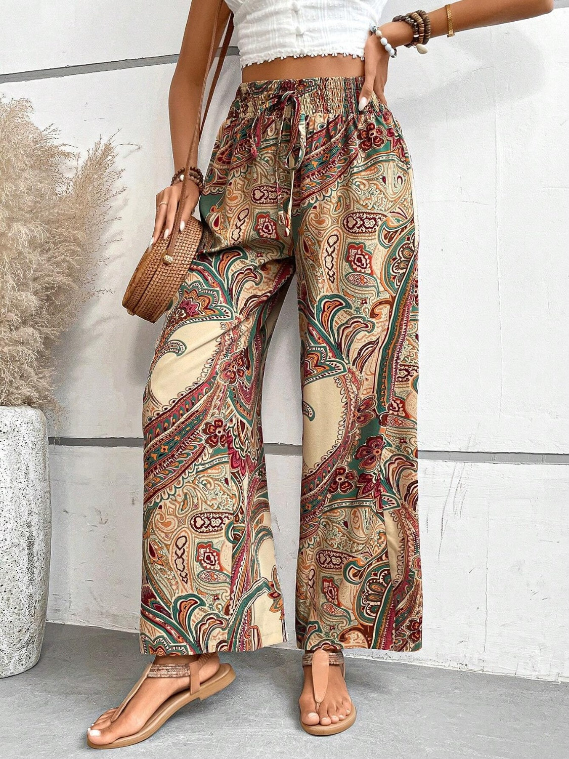 Our Best 100% Polyester Paisley Print Drawstring Waist Wide Leg Palazzo Pants (Multicolor)