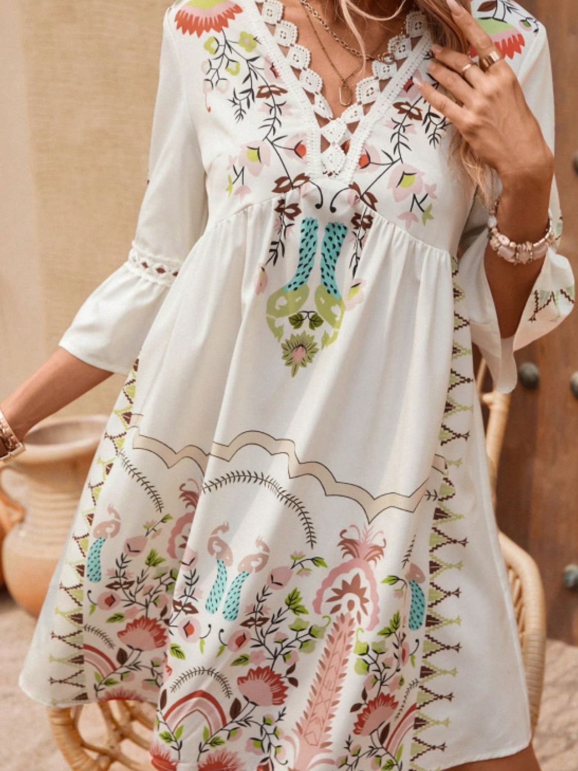 Our Best 100% Polyester Exotic Floral Print Lace Detail V-Collar Three-Quarter Sleeve Dress (Variants)