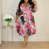 Plus Size Women's Abstract Watercolor Floral Print V-Neck Wrap Midi Dress 3/4 Sleeve Elegant Look