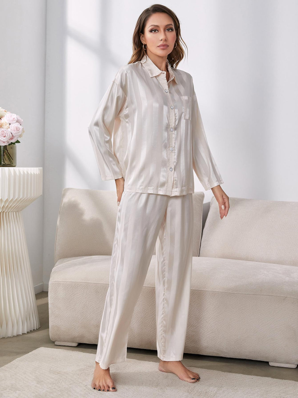 Simona Slumbertime Polyester Blend Satin Striped Button-Up Shirt and Pants Two Piece Pajama Set (White)