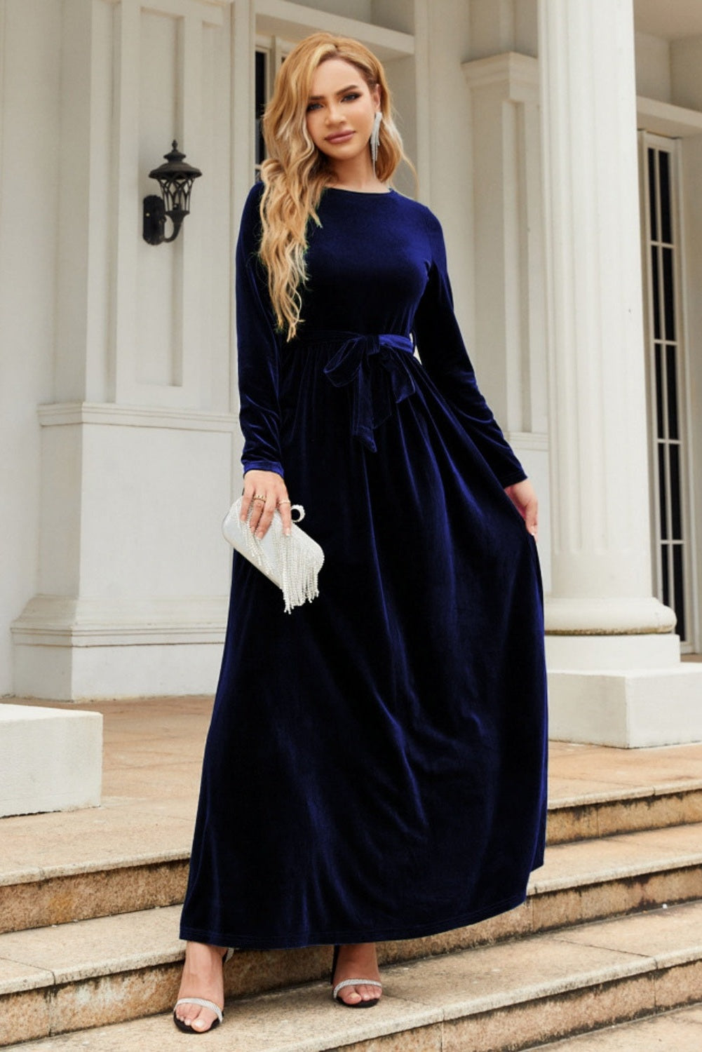 Tie Front Round Neck Long Sleeve Maxi Dress