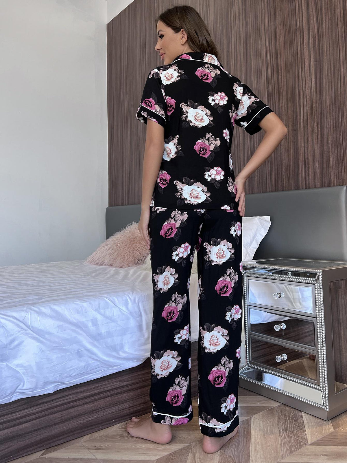 Our Best 100% Rayon Floral Graphics Piping Detail Short Sleeve Shirt and Pants Two Piece Lounge Set (Floral)