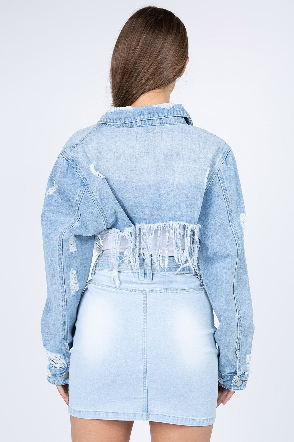 American Bazi 100% Cotton Distressed Frayed Hem Denim Crop Jacket (Light Blue)