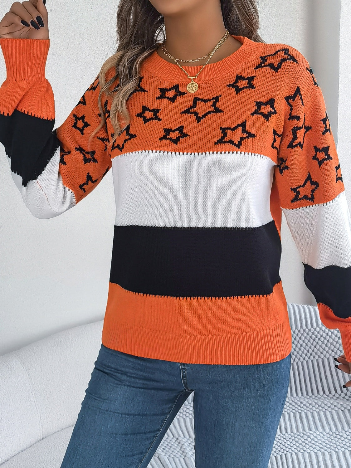 SuperStar 100% Acrylic Round Neck Colorblock Dropped Shoulder Long Sleeve Sweater (Multicolor)