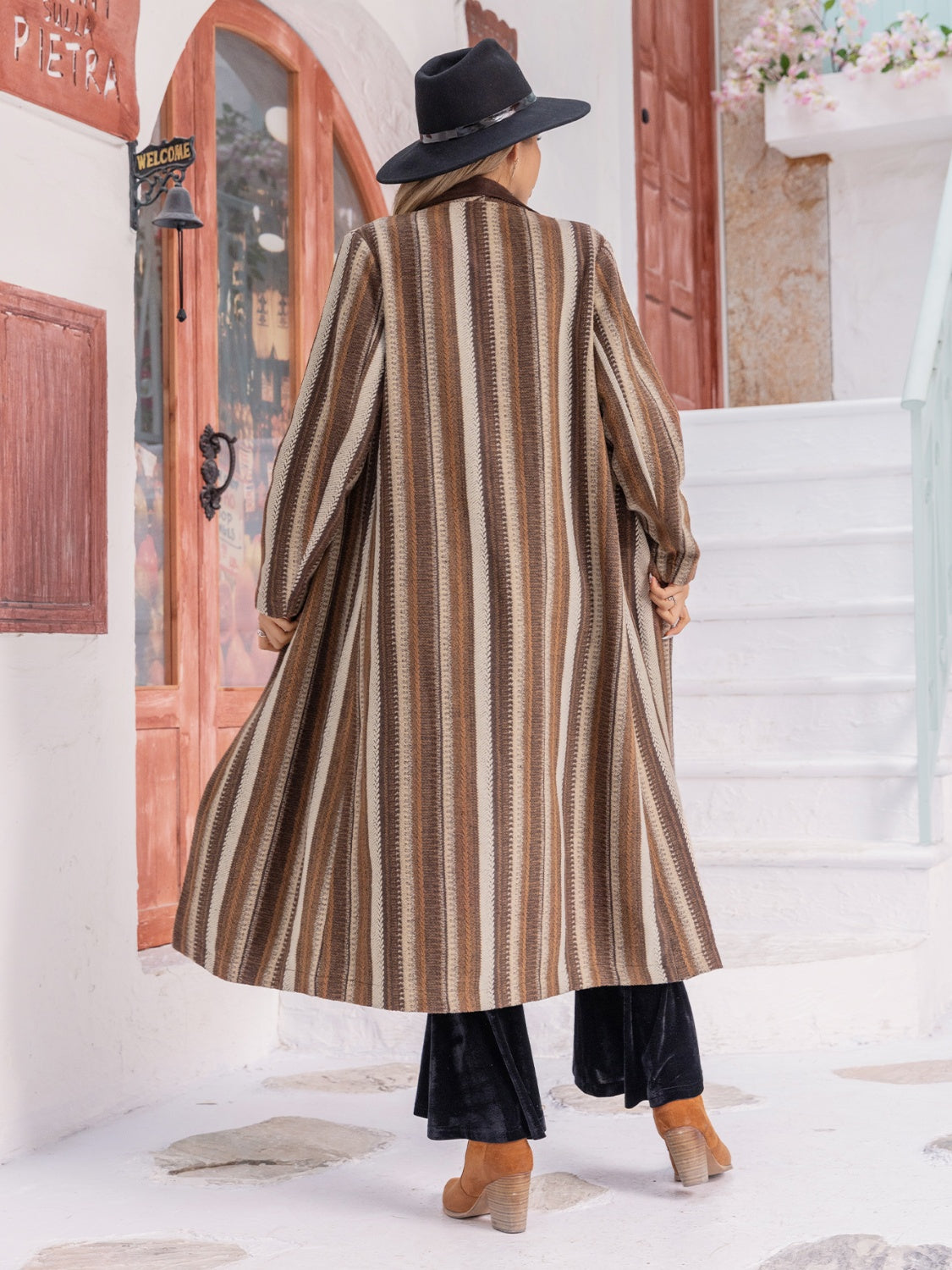 Our Best 100% Polyester Color Contrast Striped Open Front Long Sleeve Maxi Coat (Mocha)